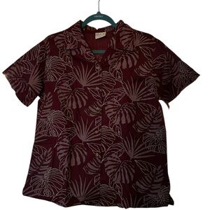 Women's Burgundy Leaf Print Button Down Shirt